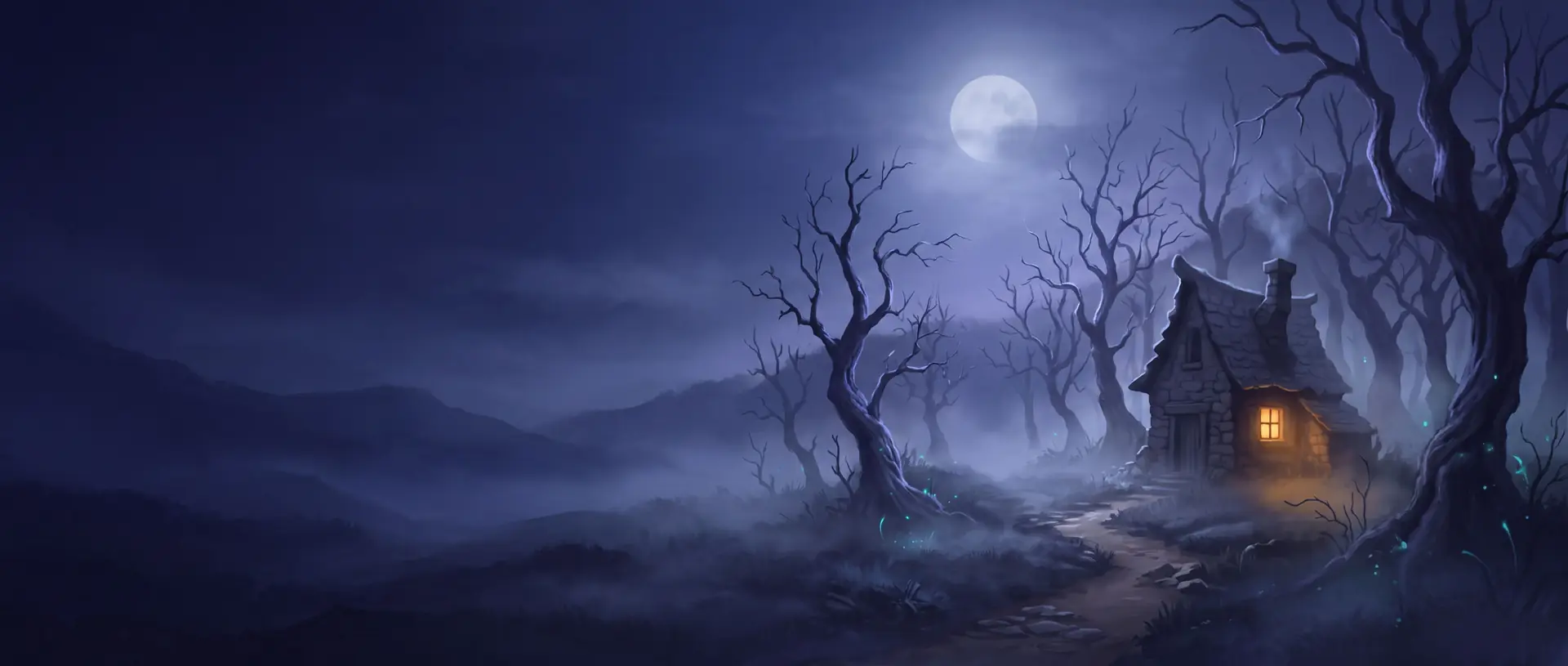 A misty dark wood under a pale moon, with one lamplit cottage among crooked trees.