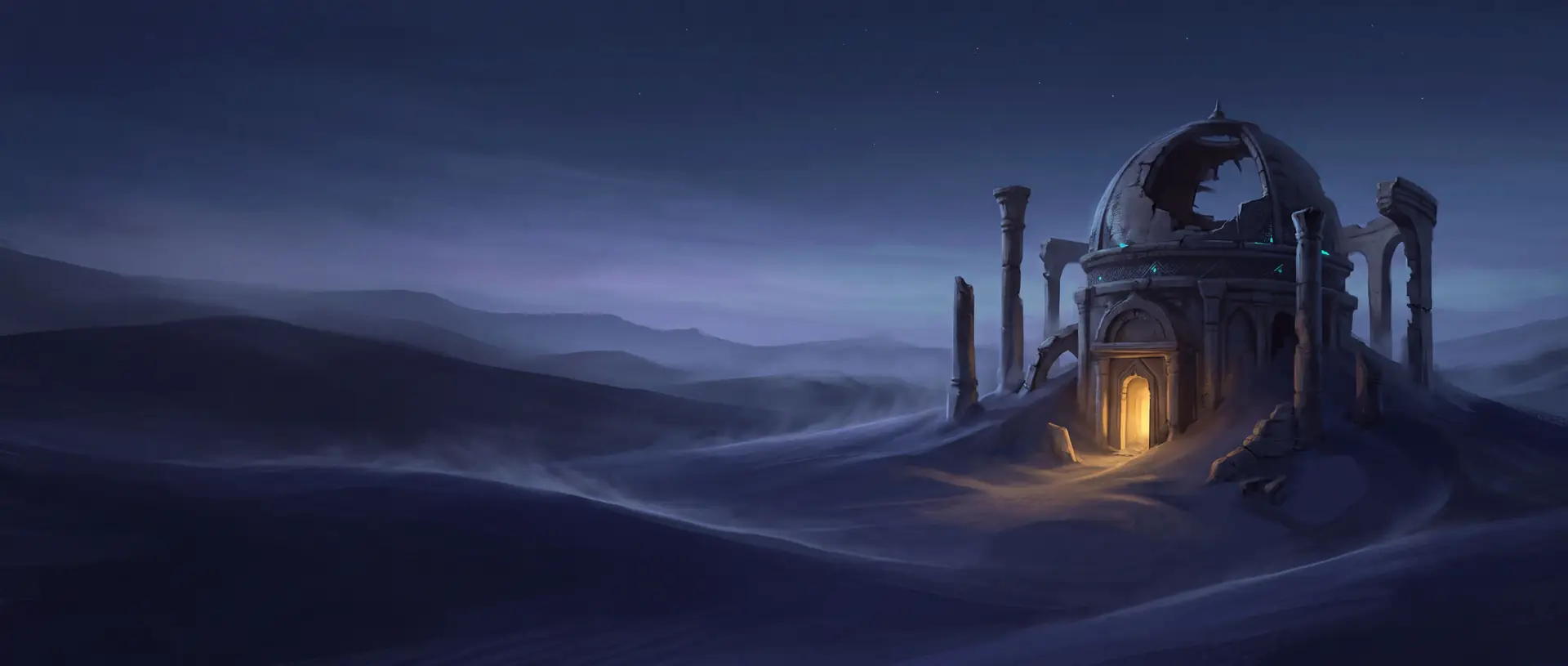 Twilight dunes around a half-buried ruined observatory with a lit doorway.
