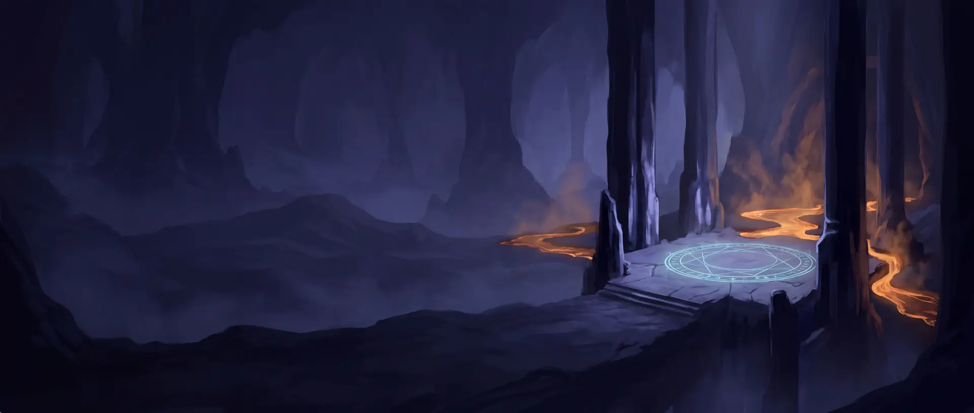 A cavern of cooling lava rivers and obsidian pillars around a faintly glowing circle on the floor.